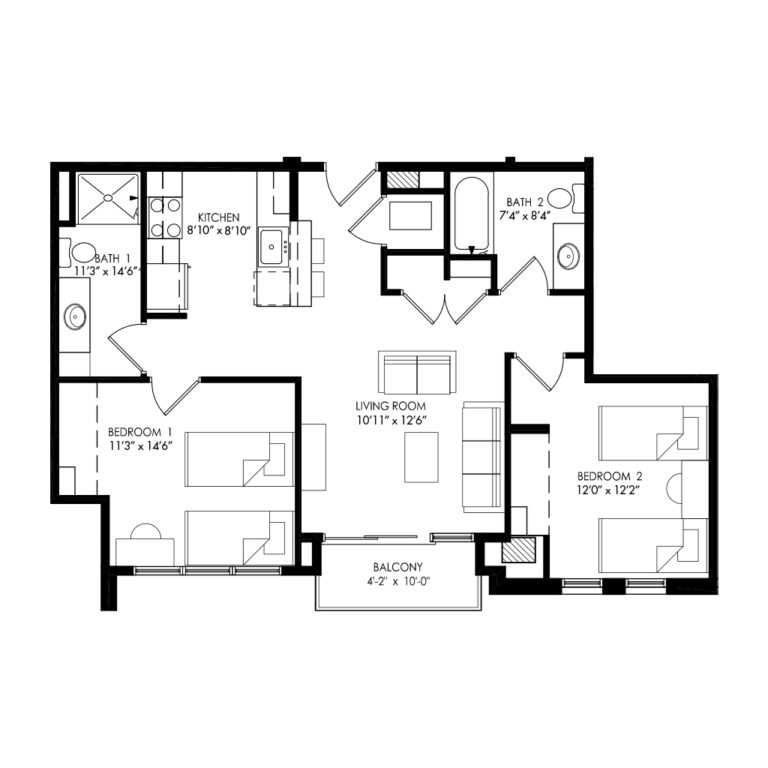 2 bedrooms with separate kitchen area floor plan