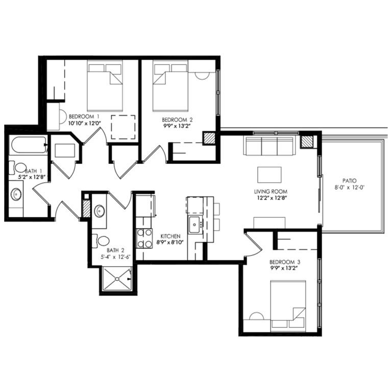 3 Bedroom apartment with large Patio floor plan